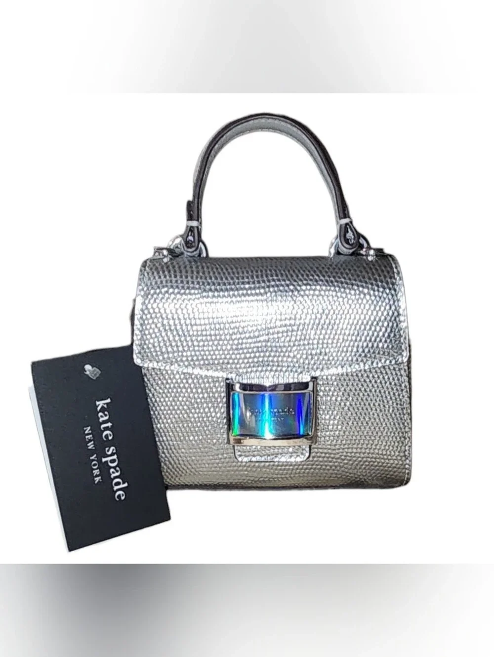Kate Spade Katy Lizard Embossed Micro Crossbody Leather Silver
